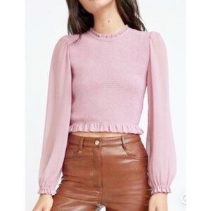 Aritzia Wilfred Tempest Purple Long Sleeve Smocked Blouse Sheer Sleeves